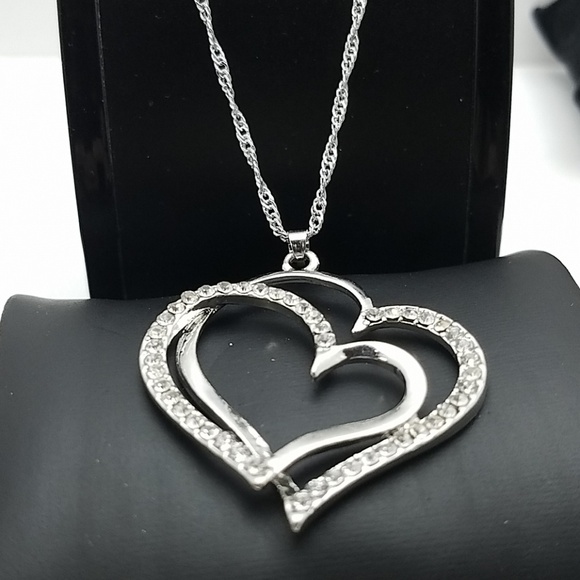 Heart in Heart Rhinestone Silver Tone 16" +2 ext - Picture 2 of 3